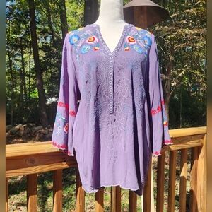 Purple Embroidered Womens Top Peasant Top Tunic Boho Chic Fall Bell Sleeve